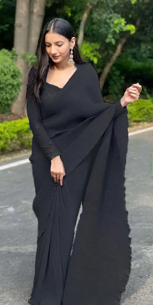 DF Pleated Black Saree : Georgette Work : Pleating Work On All Over Saree Blouse : Heavy Georgette Party Wear, Festive @1799/- | Sarees, Bollywood Sarees, Creative Sarees, Designer Sarees, Embroidered Sarees, Party Wear Sarees