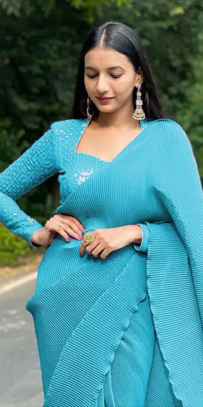 DF Pleated Sky Blue Saree : Georgette Work : Pleating Work On All Over Saree Blouse : Heavy Georgette Party Wear, Festive @1799/- | Sarees, Bollywood Sarees, Creative Sarees, Designer Sarees, Embroidered Sarees, Party Wear Sarees