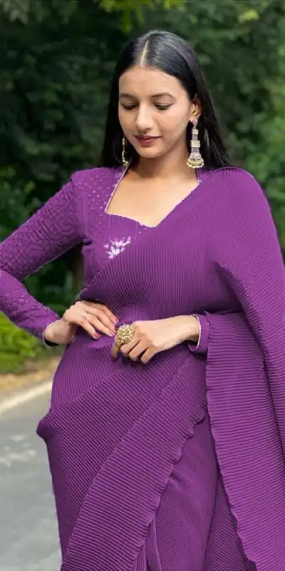 DF Pleated Violet Saree : Georgette Work : Pleating Work On All Over Saree Blouse : Heavy Georgette Party Wear, Festive @1799/- | Sarees, Bollywood Sarees, Creative Sarees, Designer Sarees, Embroidered Sarees, Party Wear Sarees