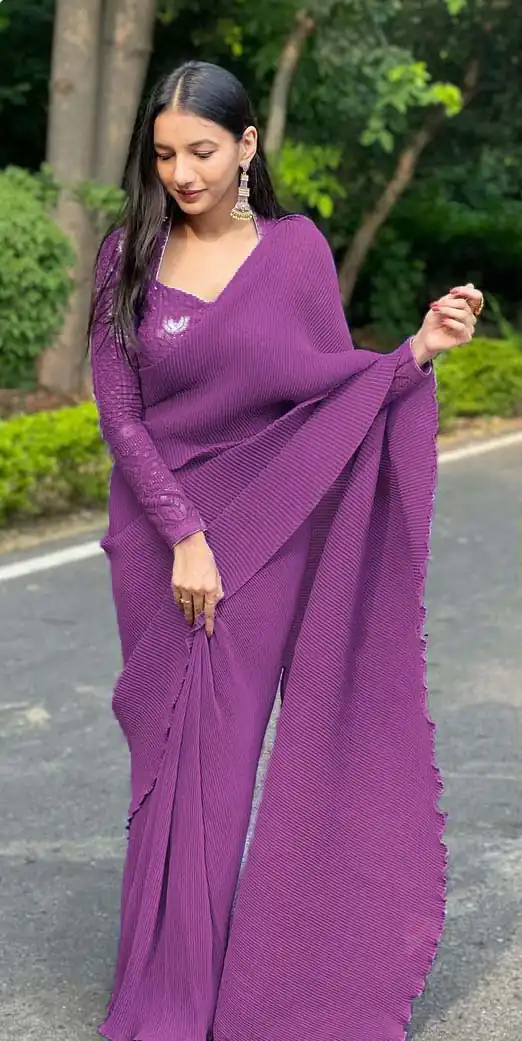 DF Pleated Violet Saree : Georgette Work : Pleating Work On All Over Saree Blouse : Heavy Georgette Party Wear, Festive @1799/- | Sarees, Bollywood Sarees, Creative Sarees, Designer Sarees, Embroidered Sarees, Party Wear Sarees