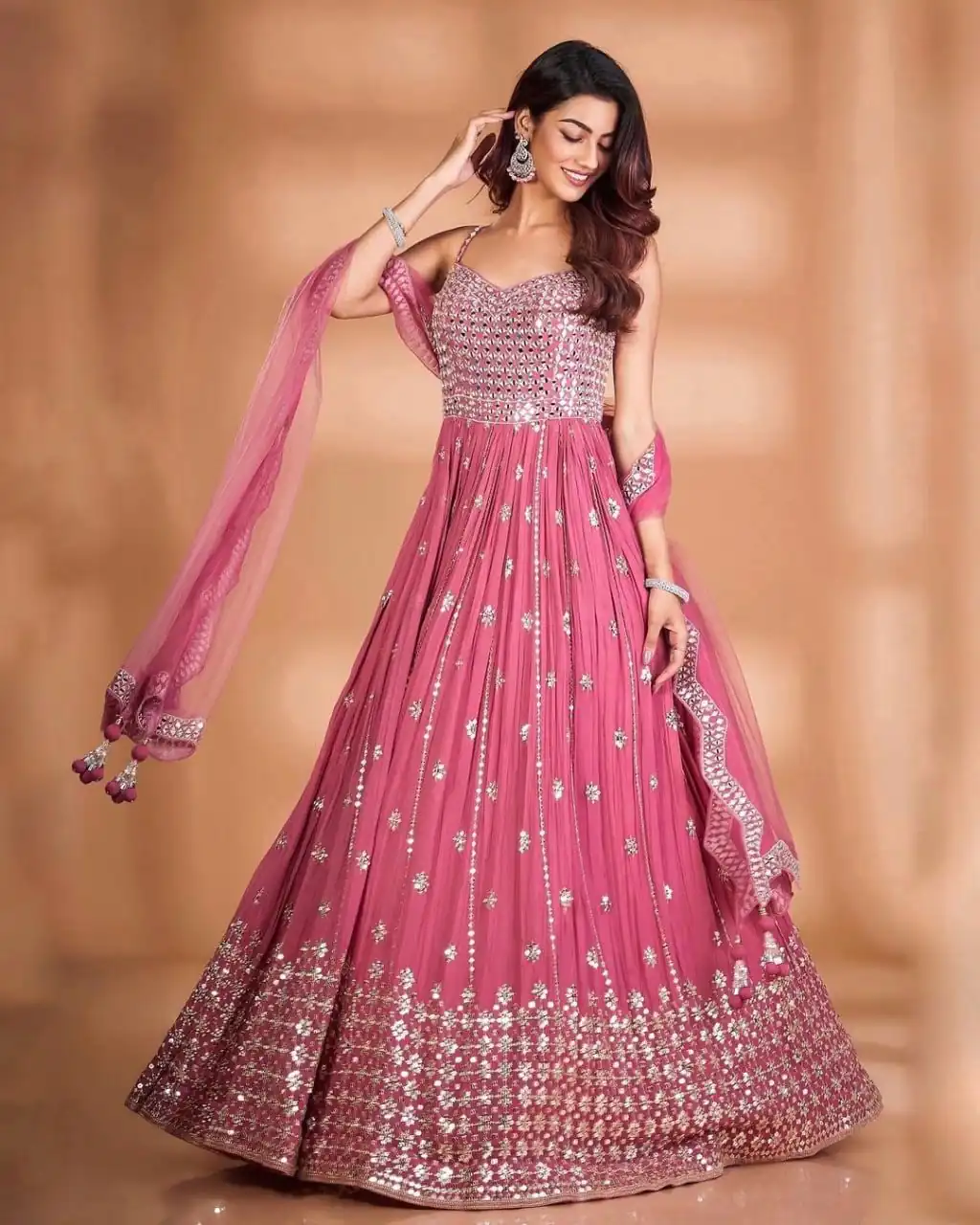 RTC 5416 Pink Gown : Georgette Dupatta : Butterfly Net Work : Embroidery With Heavy Sequence Work Wedding, Party, Festive @1999/- | Gowns, Bollywood Gowns, Creative Gowns, Designer Gowns, Embroidered Gowns, Party Wear Gowns