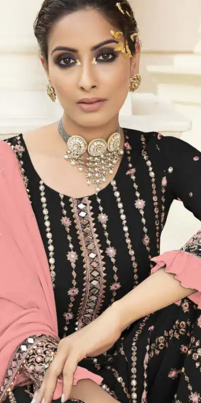 FC 9704 Black Pink Top : Georgette Work : Embroidery Work, Mirror Work Wedding, Festive, Events Black Georgette Embroidered Sharara @2099 | Salwar suit, Casual Suits, Creative suits, Designer Suits, Palazzo Suits, Party Wear Suits, Straight Suits