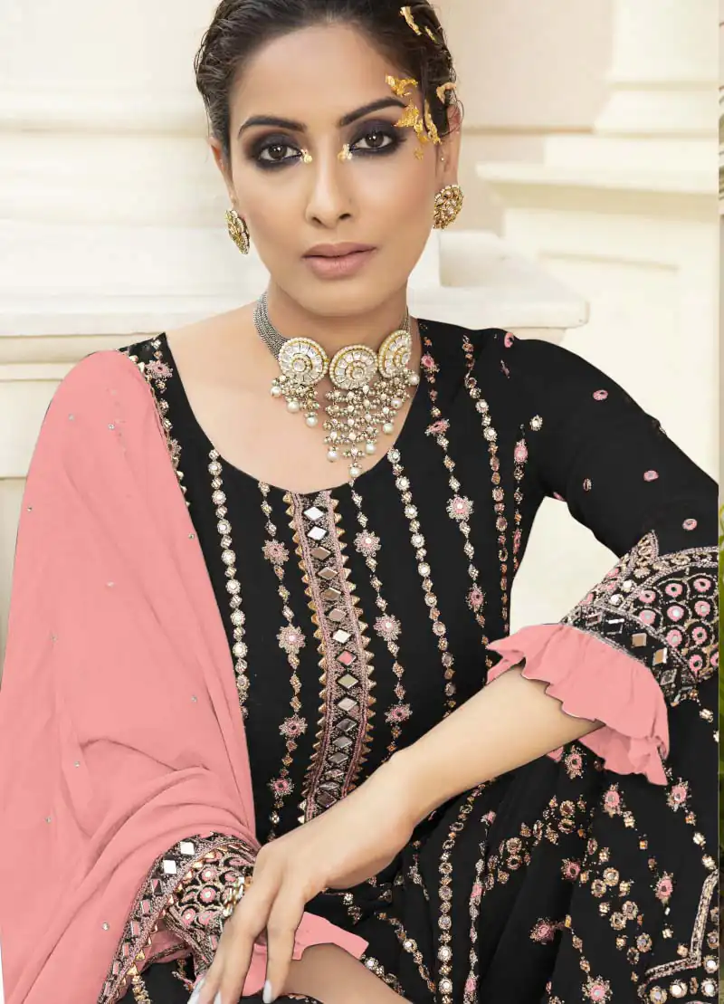 FC 9704 Black Pink Top : Georgette Work : Embroidery Work, Mirror Work Wedding, Festive, Events Black Georgette Embroidered Sharara @2099 | Salwar suit, Casual Suits, Creative suits, Designer Suits, Palazzo Suits, Party Wear Suits, Straight Suits