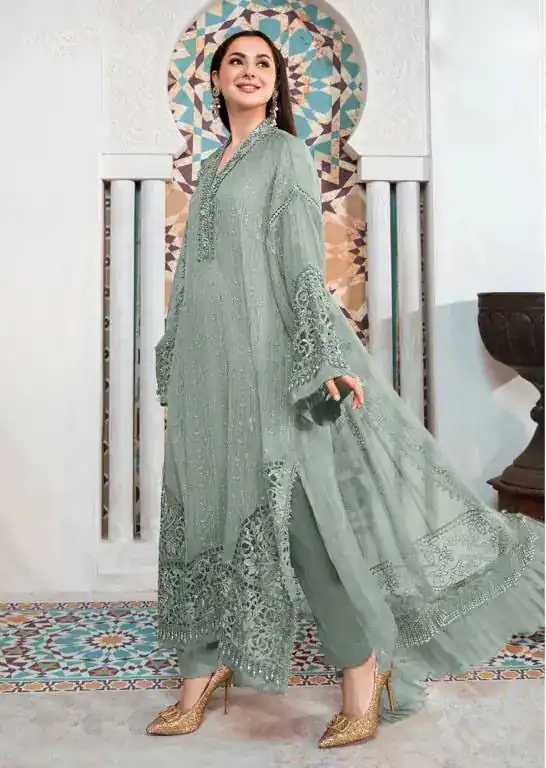 FC 1091 Grey Gown : Heavy Faux Georgette Work : Embroidery Work Casual, Wedding, Festive, Events Grey Color Gown @2049/- | Jump Suits, Salwar suit, Casual Suits, Creative suits, Designer Suits, Palazzo Suits, Party Wear Suits, Patiala Suits, Straight Suits