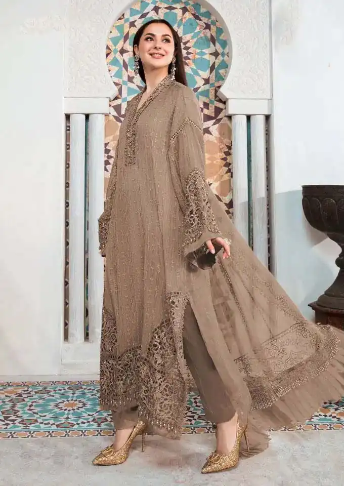 FC 1091 Brown?Gown :?Heavy Faux Georgette?Work : Embroidery Work Casual, Wedding, Festive, Events Brown Color Gown @2049/- | Salwar suit, Casual Suits, Creative suits, Designer Suits, Palazzo Suits, Party Wear Suits, Straight Suits