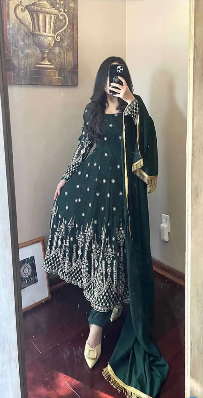 NSR 661 Green Gown : Faux Georgette?Work : Embroidery And Heavy 9mm Sequins Embellished Go On Fancy Look With Black Color Sequins Embellished Anarkali @1949 | Anarkali Suits, Bollywood Anarkali, Creative-Anarkali, Designer Anarkali, Embroidered Anarkali, Party Wear Anarkali, Designer Gowns, Embroidered Gowns, Salwar suit, Casual Suits, Party Wear Suits