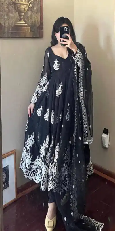NSR 651 Black Gown : Faux Georgette Work : Heavy Embroidery Work Ravishing Stylish Black Color Party Wear Anarkali Casual, Wedding, Party @1899 | Anarkali Suits, Bollywood Anarkali, Creative-Anarkali, Designer Anarkali, Embroidered Anarkali, Party Wear Anarkali