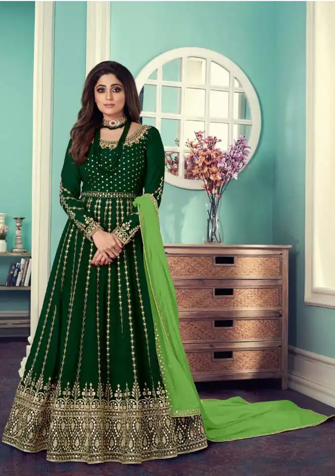 FC 8544 Green?Green Gown : Georgette?Work : Sequence Embroidery Work Casual, Wedding, Festive, Events, Designer Party Wear, Gown @2299/- | Gowns, Bollywood Gowns, Creative Gowns, Designer Gowns, Embroidered Gowns, Party Wear Gowns, Salwar suit, Casual Suits, Designer Suits