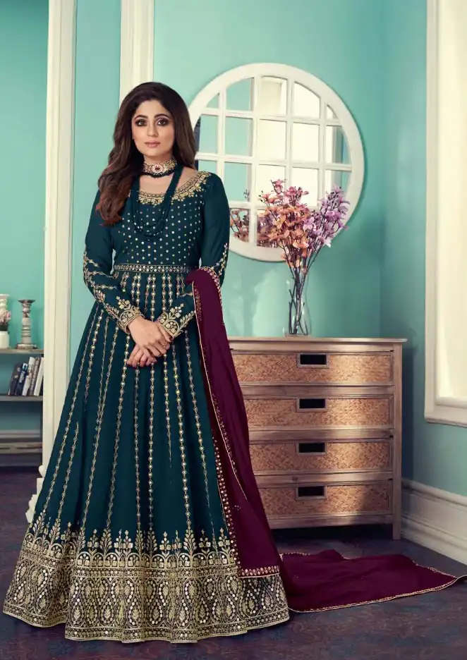 FC 8544 Stone Green Gown : Georgette?Work : Sequence Embroidery Work Casual, Wedding, Festive, Events, Designer Party Wear, Gown @2299/- | Gowns, Bollywood Gowns, Creative Gowns, Designer Gowns, Embroidered Gowns, Party Wear Gowns, Salwar suit, Casual Suits, Designer Suits