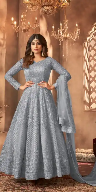 JR 8398?Grey : Net With Sequence?Work : Sequence Coding Embroidery Work Beautiful Sky-blue Color Casual, Wedding, Party, Festive, Events. @2650/- | Anarkali Suits, Gowns, Bollywood Gowns, Creative Gowns, Designer Gowns, Embroidered Gowns, Party Wear Gowns