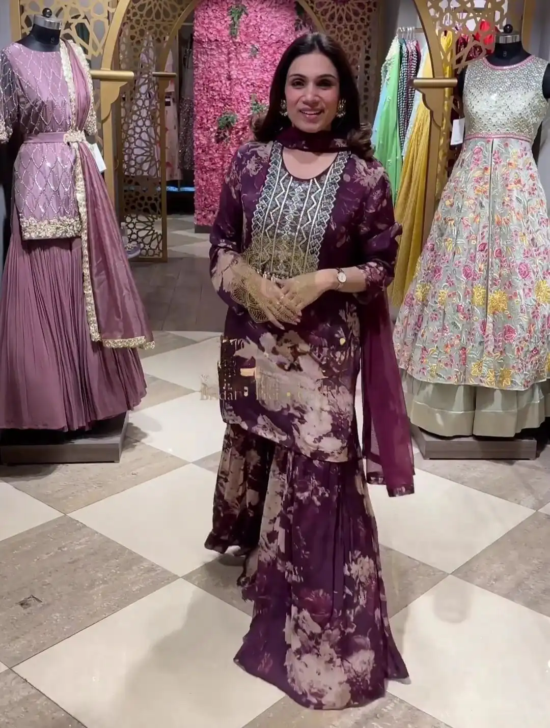 ZF 237 Purple?Top : Faux Georgette?Work : Digital Print With Heavy Embroidery Work Casual Wear Sharara Suit , Wedding 1749/- | Salwar suit, Casual Suits, Creative suits, Designer Suits, Palazzo Suits, Party Wear Suits, Straight Suits