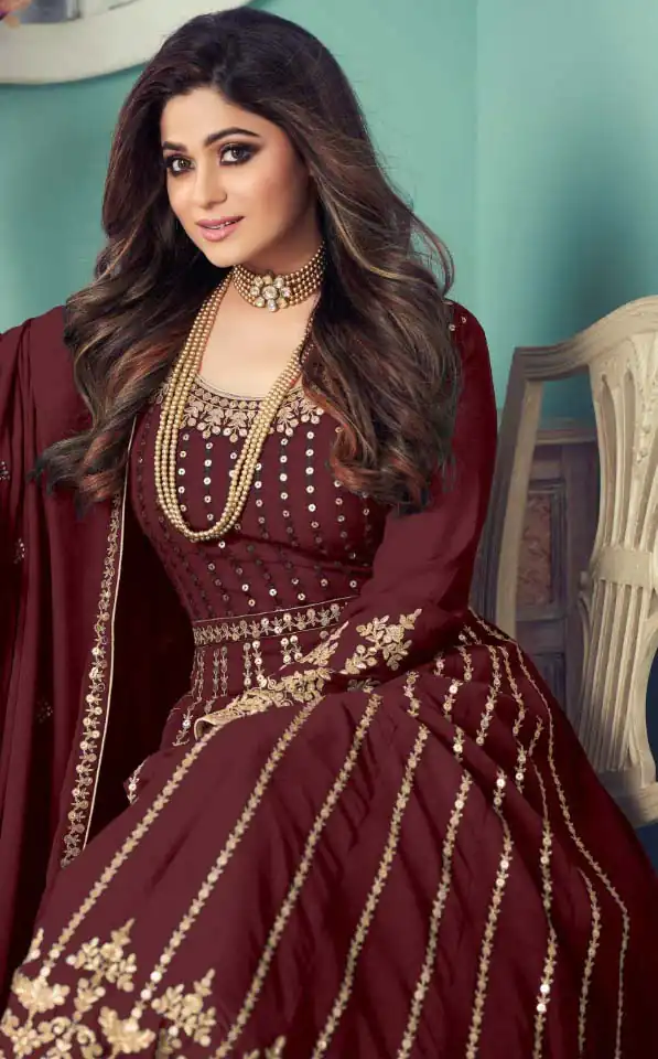 FC 8545 Maroon Gown : Georgette?Work : Sequence Embroidery Work Casual, Wedding, Festive, Events, Designer Party Wear, Gown @2299/- | Gowns, Bollywood Gowns, Creative Gowns, Designer Gowns, Embroidered Gowns, Party Wear Gowns, Salwar suit, Casual Suits, Designer Suits