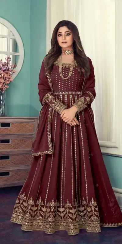 FC 8545 Maroon Gown : Georgette?Work : Sequence Embroidery Work Casual, Wedding, Festive, Events, Designer Party Wear, Gown @2299/- | Gowns, Bollywood Gowns, Creative Gowns, Designer Gowns, Embroidered Gowns, Party Wear Gowns, Salwar suit, Casual Suits, Designer Suits