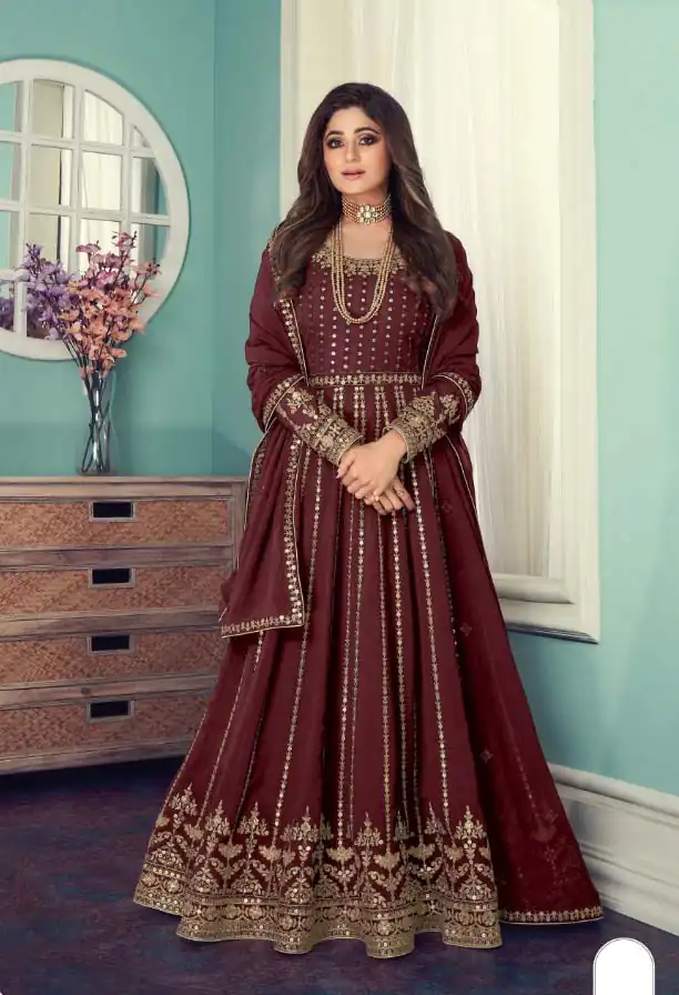 FC 8545 Maroon Gown : Georgette?Work : Sequence Embroidery Work Casual, Wedding, Festive, Events, Designer Party Wear, Gown @2299/- | Gowns, Bollywood Gowns, Creative Gowns, Designer Gowns, Embroidered Gowns, Party Wear Gowns, Salwar suit, Casual Suits, Designer Suits