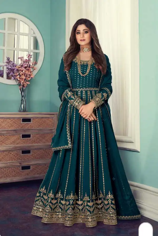 FC 8545 Peacock Blue : Georgette?Work : Sequence Embroidery Work , Wedding, Festive, Events, Designer Party Wear, Gown @2299/- | Gowns, Bollywood Gowns, Creative Gowns, Designer Gowns, Embroidered Gowns, Party Wear Gowns, Salwar suit, Casual Suits, Designer Suits