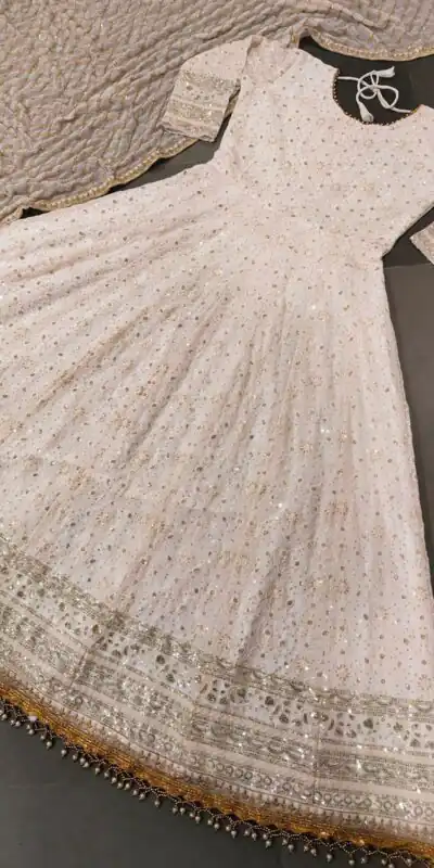 NSR 169 White Gown : Faux Georgette?Work : Heavy Embroidery Work Impressive White Color Casual, Wedding, Party, Festive, Events. @2399 | Anarkali Suits, Gowns, Bollywood Gowns, Creative Gowns, Designer Gowns, Embroidered Gowns, Party Wear Gowns