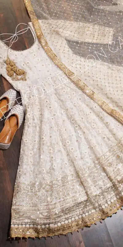 NSR 169 White Gown : Faux Georgette?Work : Heavy Embroidery Work Impressive White Color Casual, Wedding, Party, Festive, Events. @2399 | Anarkali Suits, Gowns, Bollywood Gowns, Creative Gowns, Designer Gowns, Embroidered Gowns, Party Wear Gowns