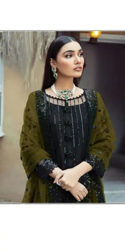 FC 1100 Black & Green?Salwar Suit :?Heavy Faux Georgette Work : Multi Thread & Sequence Embroidery Work Wedding, Festive, Events @2149/- | Gowns, Bollywood Gowns, Creative Gowns, Designer Gowns, Embroidered Gowns, Party Wear Gowns, Salwar suit, Casual Suits, Designer Suits