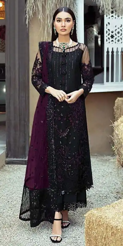 FC 1100 Black & Purple?Salwar Suit :?Heavy Faux Georgette Work : Multi Thread & Sequence Embroidery Work Wedding, Festive, Events @2149/- | Gowns, Bollywood Gowns, Creative Gowns, Designer Gowns, Embroidered Gowns, Party Wear Gowns, Salwar suit, Casual Suits, Designer Suits