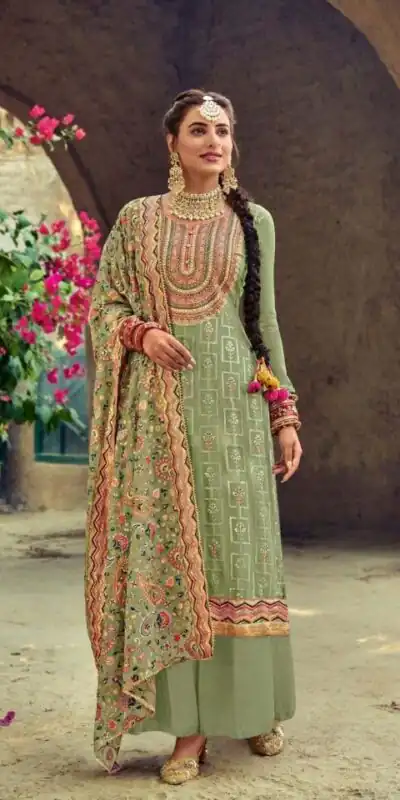 ?FC 1207 Green Top : Georgette Work : Embroidery Work Dupatta : Georgette Inner : Santoon Wedding, Party, Festive, Events @2199 | Salwar suit, Creative suits, Designer Suits, Palazzo Suits, Party Wear Suits, Straight Suits