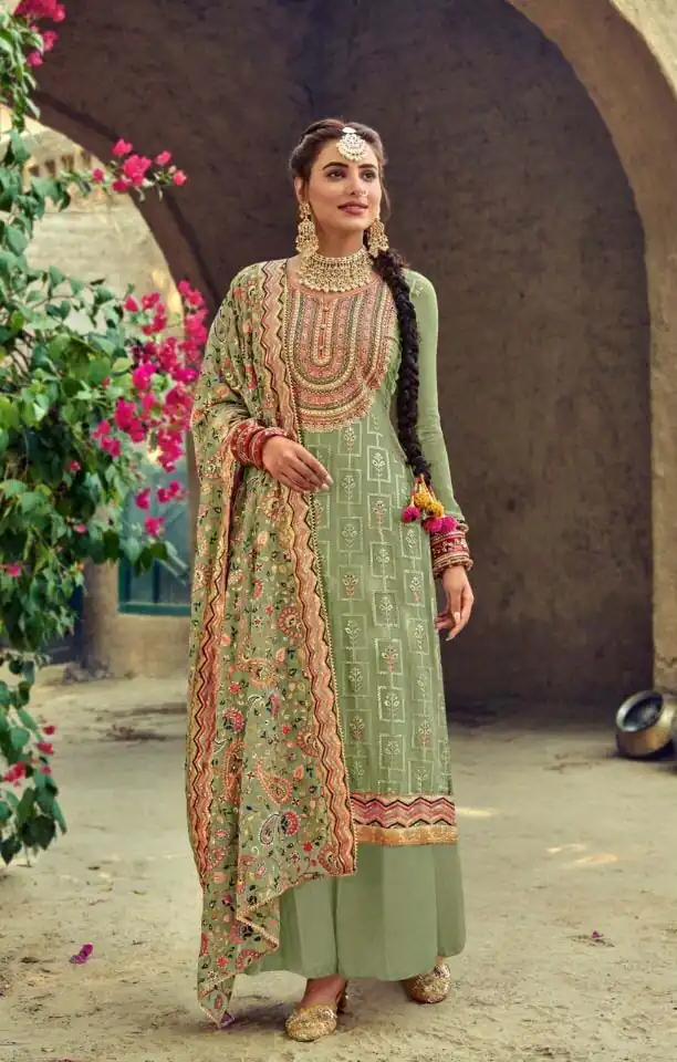 ?FC 1207 Green Top : Georgette Work : Embroidery Work Dupatta : Georgette Inner : Santoon Wedding, Party, Festive, Events @2199 | Salwar suit, Creative suits, Designer Suits, Palazzo Suits, Party Wear Suits, Straight Suits