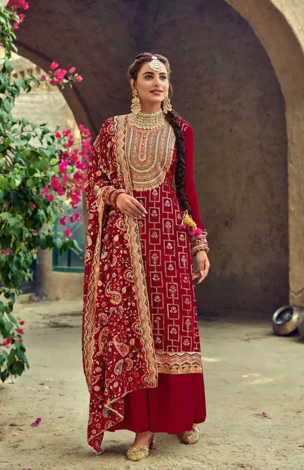 ??FC 1207 Red Top : Georgette Work : Embroidery Work Dupatta : Georgette Inner : Santoon Wedding, Party, Festive, Events @2199 | Salwar suit, Creative suits, Designer Suits, Palazzo Suits, Party Wear Suits, Straight Suits