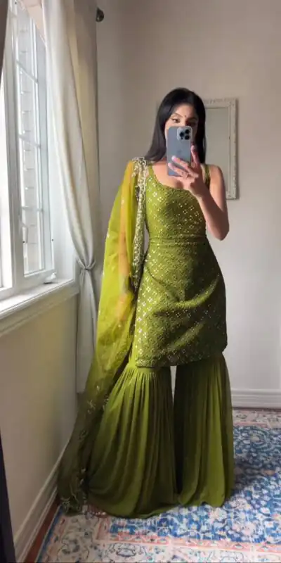 ?RTC 5447?Green Top : Georgette Work : Embroidery With Sequence Work Dupatta : Net Traditional Wear, Wedding, Festive, Events @1799/- | Salwar suit, Creative suits, Designer Suits, Palazzo Suits, Party Wear Suits, Straight Suits