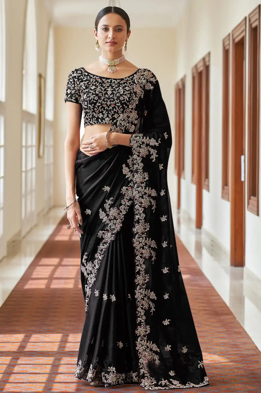 BT 180 Black Saree : Kasturi Silk Georgette Work : Zari & Thread Work, Blouse : Kasturi Silk Party Wear, Traditional Wear, Wedding Wear, Events Etc.@1849/- | Designer Sarees, Sarees, Bollywood Sarees, Creative Sarees, Ethnic Saree, Modern Digital sarees, Party Wear Sarees