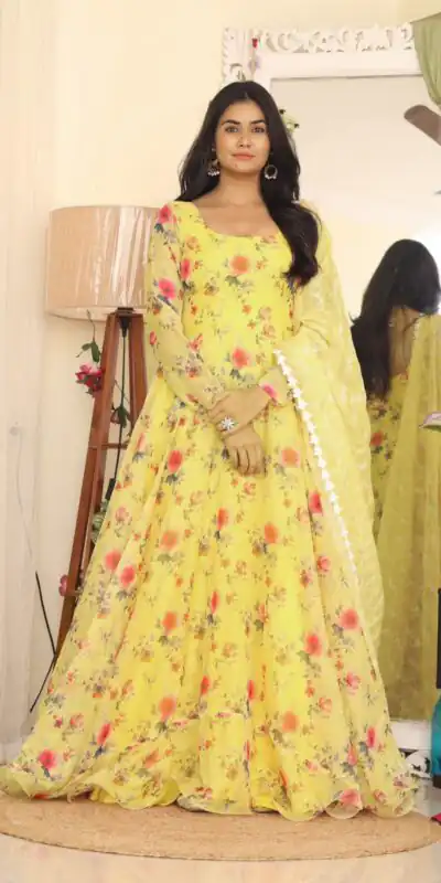 RTC 8047 Yellow Gown : Tabby Silk Organza Work : Embroidery Work Beautiful Yelow Color Casual, Wedding, Party, Festive, Events. @2099 | Gowns, Bollywood Gowns, Creative Gowns, Designer Gowns, Embroidered Gowns, Party Wear Gowns, Salwar suit, Casual Suits, Party Wear Suits