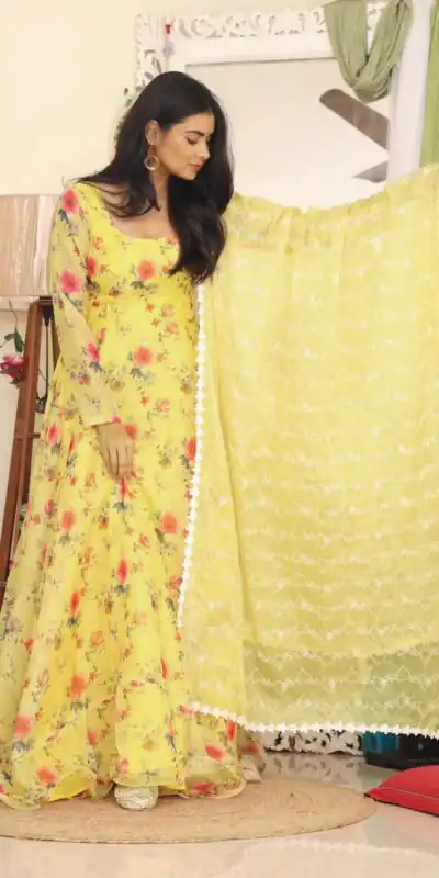 RTC 8047 Yellow Gown : Tabby Silk Organza Work : Embroidery Work Beautiful Yelow Color Casual, Wedding, Party, Festive, Events. @2099 | Gowns, Bollywood Gowns, Creative Gowns, Designer Gowns, Embroidered Gowns, Party Wear Gowns, Salwar suit, Casual Suits, Party Wear Suits