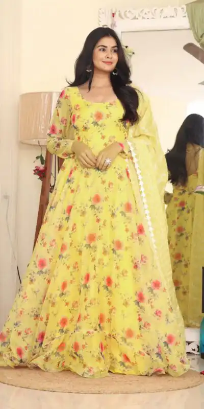 RTC 8047 Yellow Gown : Tabby Silk Organza Work : Embroidery Work Beautiful Yelow Color Casual, Wedding, Party, Festive, Events. @2099 | Gowns, Bollywood Gowns, Creative Gowns, Designer Gowns, Embroidered Gowns, Party Wear Gowns, Salwar suit, Casual Suits, Party Wear Suits