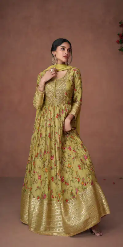 FC Sayuri?5304? Green Gown Premium Organza Print Silk with Embroidery And Sequence Work Classic Anarkali Suit Wedding, Party, Festive @2499/- Only | Anarkali Suits, Bollywood Anarkali, Creative-Anarkali, Designer Anarkali, Embroidered Anarkali, Party Wear Anarkali