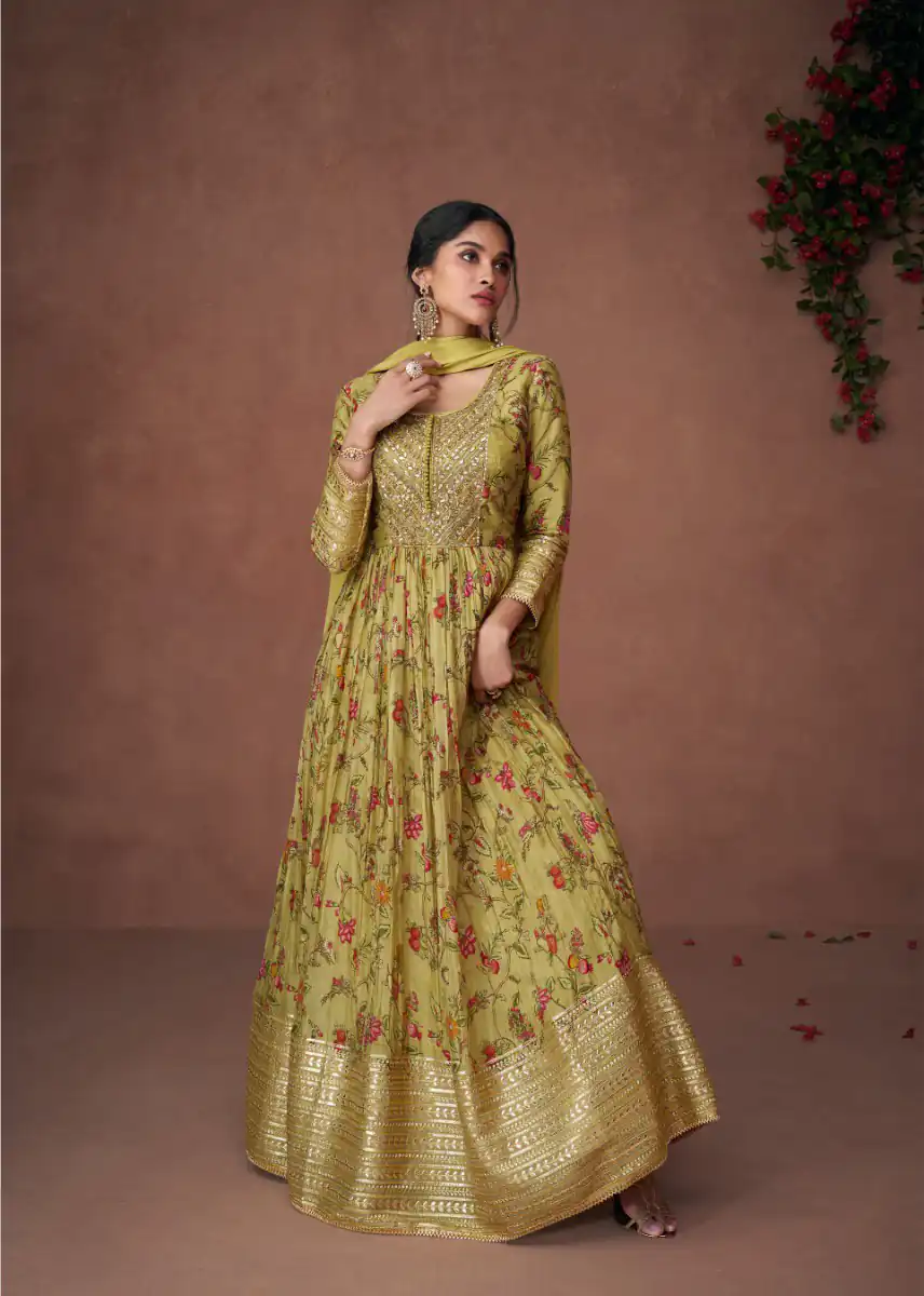 FC Sayuri?5304? Green Gown Premium Organza Print Silk with Embroidery And Sequence Work Classic Anarkali Suit Wedding, Party, Festive @2499/- Only | Anarkali Suits, Bollywood Anarkali, Creative-Anarkali, Designer Anarkali, Embroidered Anarkali, Party Wear Anarkali