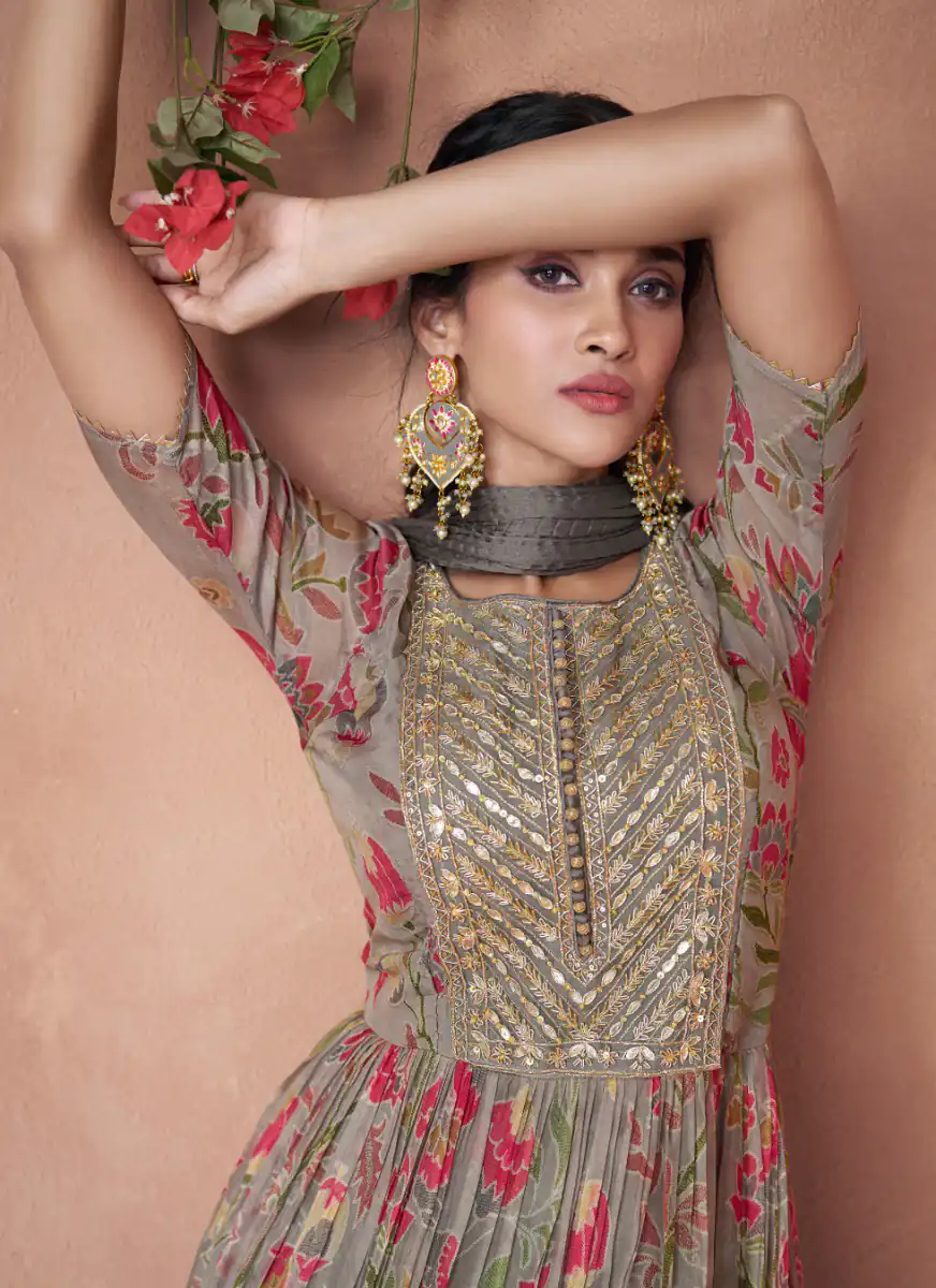FC Sayuri? 5301 Grey Gown Premium Organza Print Silk with Embroidery And Sequence Work Classic Anarkali Suit Wedding, Party, Festive @2499/- Only | Anarkali Suits, Bollywood Anarkali, Creative-Anarkali, Designer Anarkali, Embroidered Anarkali, Party Wear Anarkali