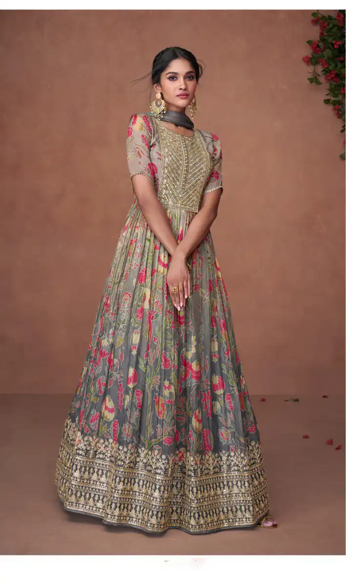 FC Sayuri? 5301 Grey Gown Premium Organza Print Silk with Embroidery And Sequence Work Classic Anarkali Suit Wedding, Party, Festive @2499/- Only | Anarkali Suits, Bollywood Anarkali, Creative-Anarkali, Designer Anarkali, Embroidered Anarkali, Party Wear Anarkali