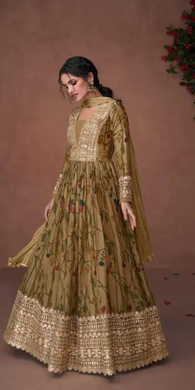 FC Sayuri 5300?Mehndi Gown Premium Organza Print Silk with Embroidery Work And Sequence Work Classic Anarkali Suit Wedding, Party, Festive @2499/- | Anarkali Suits, Bollywood Anarkali, Creative-Anarkali, Designer Anarkali, Embroidered Anarkali, Party Wear Anarkali