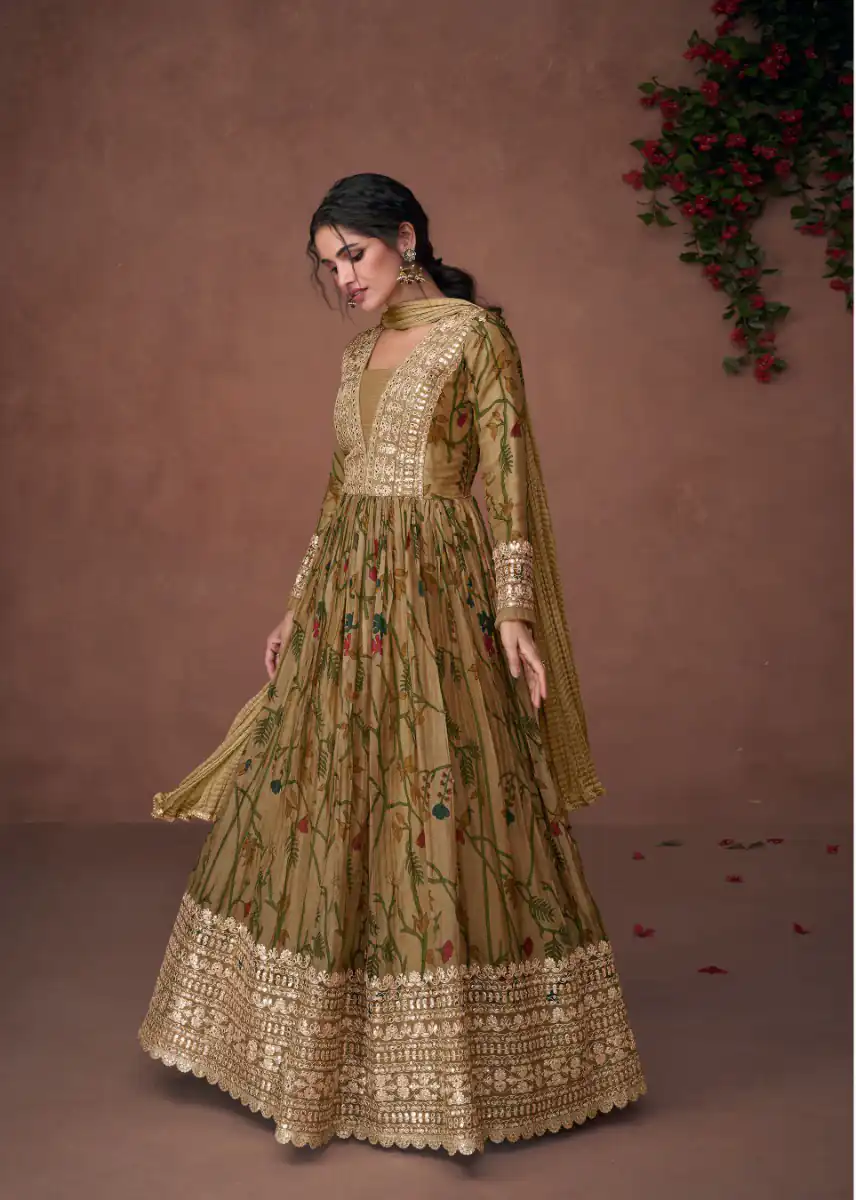 FC Sayuri 5300?Mehndi Gown Premium Organza Print Silk with Embroidery Work And Sequence Work Classic Anarkali Suit Wedding, Party, Festive @2499/- | Anarkali Suits, Bollywood Anarkali, Creative-Anarkali, Designer Anarkali, Embroidered Anarkali, Party Wear Anarkali