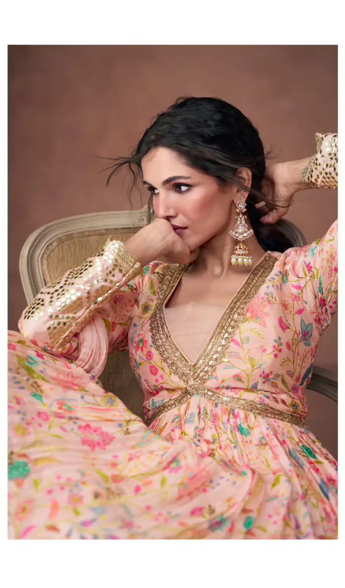 FC 5302 Pink Gown Premium Organza Print Silk with Emb.Work : Embroidery And Sequence Work Classic Anarkali Suit Wedding, Party, Festive @2499/- Only | Anarkali Suits, Bollywood Anarkali, Creative-Anarkali, Designer Anarkali, Embroidered Anarkali, Party Wear Anarkali