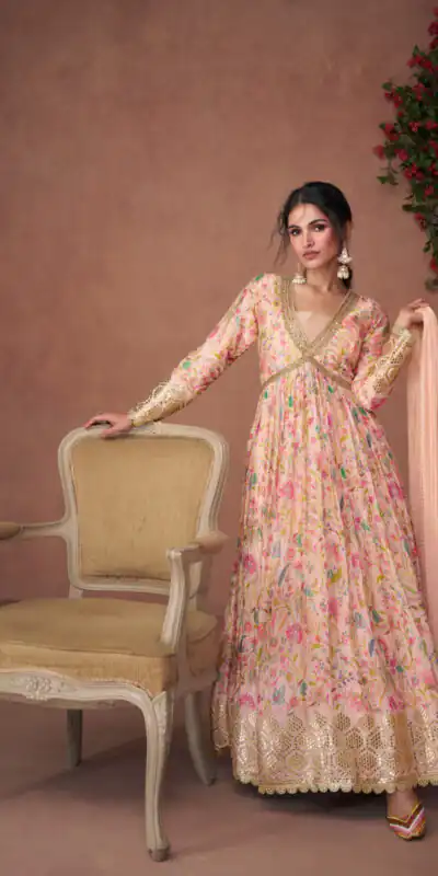 FC 5302 Pink Gown Premium Organza Print Silk with Emb.Work : Embroidery And Sequence Work Classic Anarkali Suit Wedding, Party, Festive @2499/- Only | Anarkali Suits, Bollywood Anarkali, Creative-Anarkali, Designer Anarkali, Embroidered Anarkali, Party Wear Anarkali