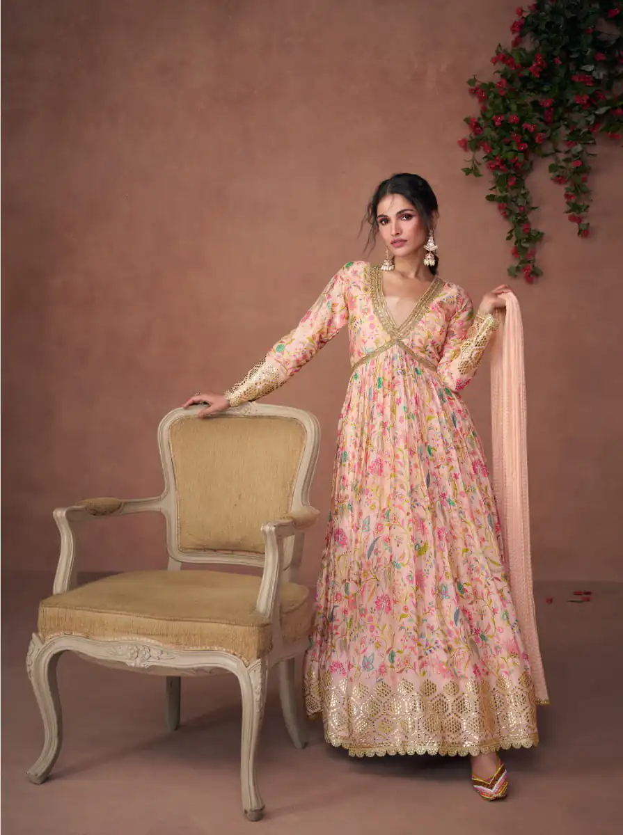 FC 5302 Pink Gown Premium Organza Print Silk with Emb.Work : Embroidery And Sequence Work Classic Anarkali Suit Wedding, Party, Festive @2499/- Only | Anarkali Suits, Bollywood Anarkali, Creative-Anarkali, Designer Anarkali, Embroidered Anarkali, Party Wear Anarkali