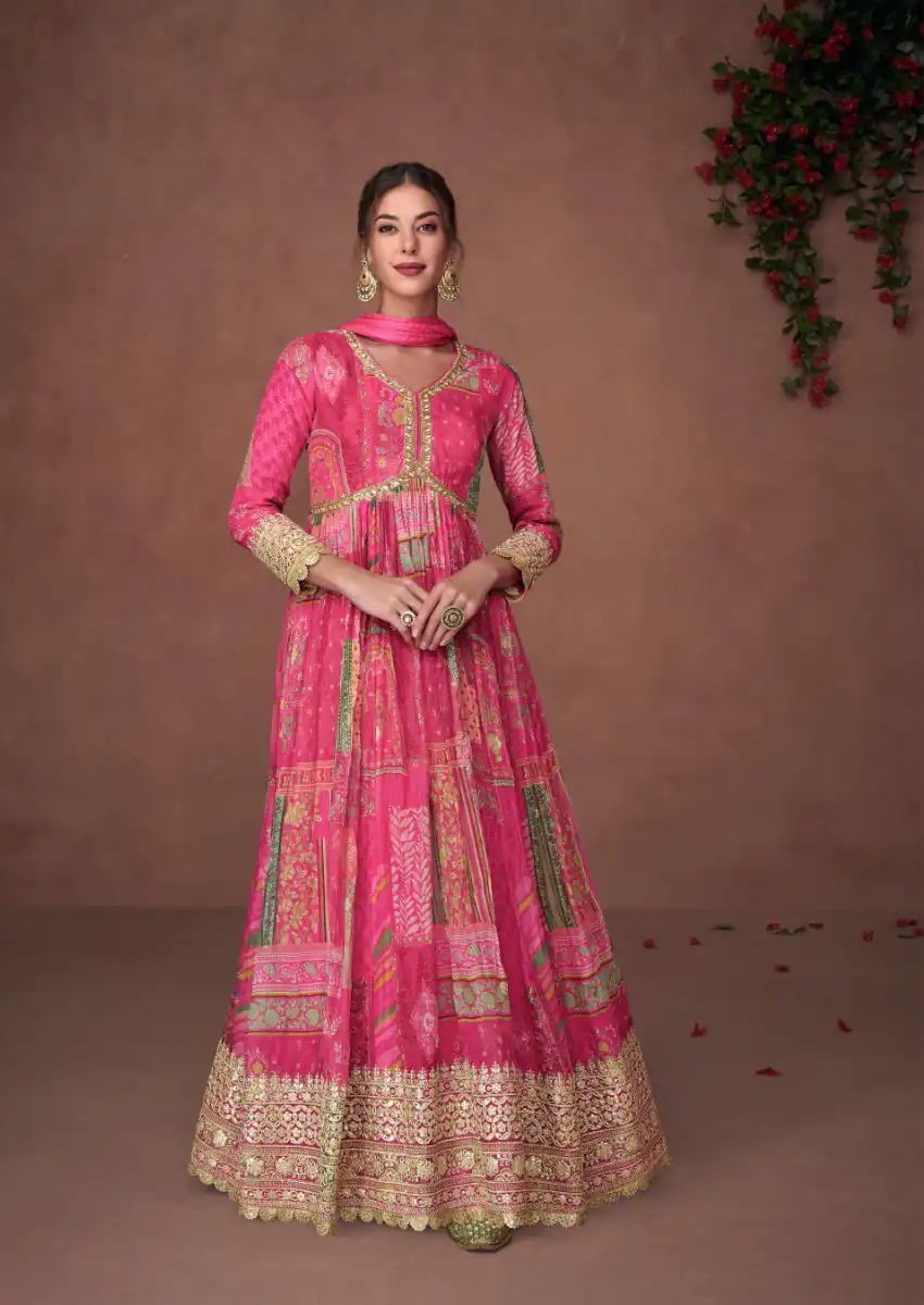 FC 5303 Sayuri Red Premium Organza Print Silk with Emb.Work : Embroidery And Sequence Work Classic Anarkali Suit Wedding, Party, Festive @2499/- Only | Anarkali Suits, Bollywood Anarkali, Creative-Anarkali, Designer Anarkali, Embroidered Anarkali, Party Wear Anarkali