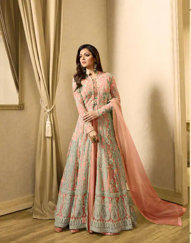 LT 1706 OrangeColor: OrangeFabrics: Top Fabric :Georgette Bottom Fabric : Santoon Dupatta Fabric : NazmeenStitch Type: Semi-Sttiched | Anarkali Suits, Bollywood Anarkali, Creative-Anarkali, Designer Anarkali, Embroidered Anarkali, Party Wear Anarkali