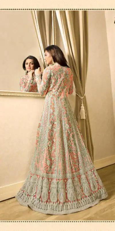 LT 1706 OrangeColor: OrangeFabrics: Top Fabric :Georgette Bottom Fabric : Santoon Dupatta Fabric : NazmeenStitch Type: Semi-Sttiched | Anarkali Suits, Bollywood Anarkali, Creative-Anarkali, Designer Anarkali, Embroidered Anarkali, Party Wear Anarkali