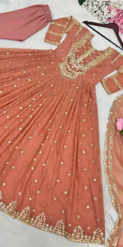 ZSR-3021 Peach Color Gown : Fox Georgette Work : Embroidery Sequence Work Inner : Micro Cotton Traditional Wear, Wedding, Festive, Events. @1999/- | Gowns, Bollywood Gowns, Designer Gowns, Embroidered Gowns, Party Wear Gowns, Salwar suit, Casual Suits, Party Wear Suits