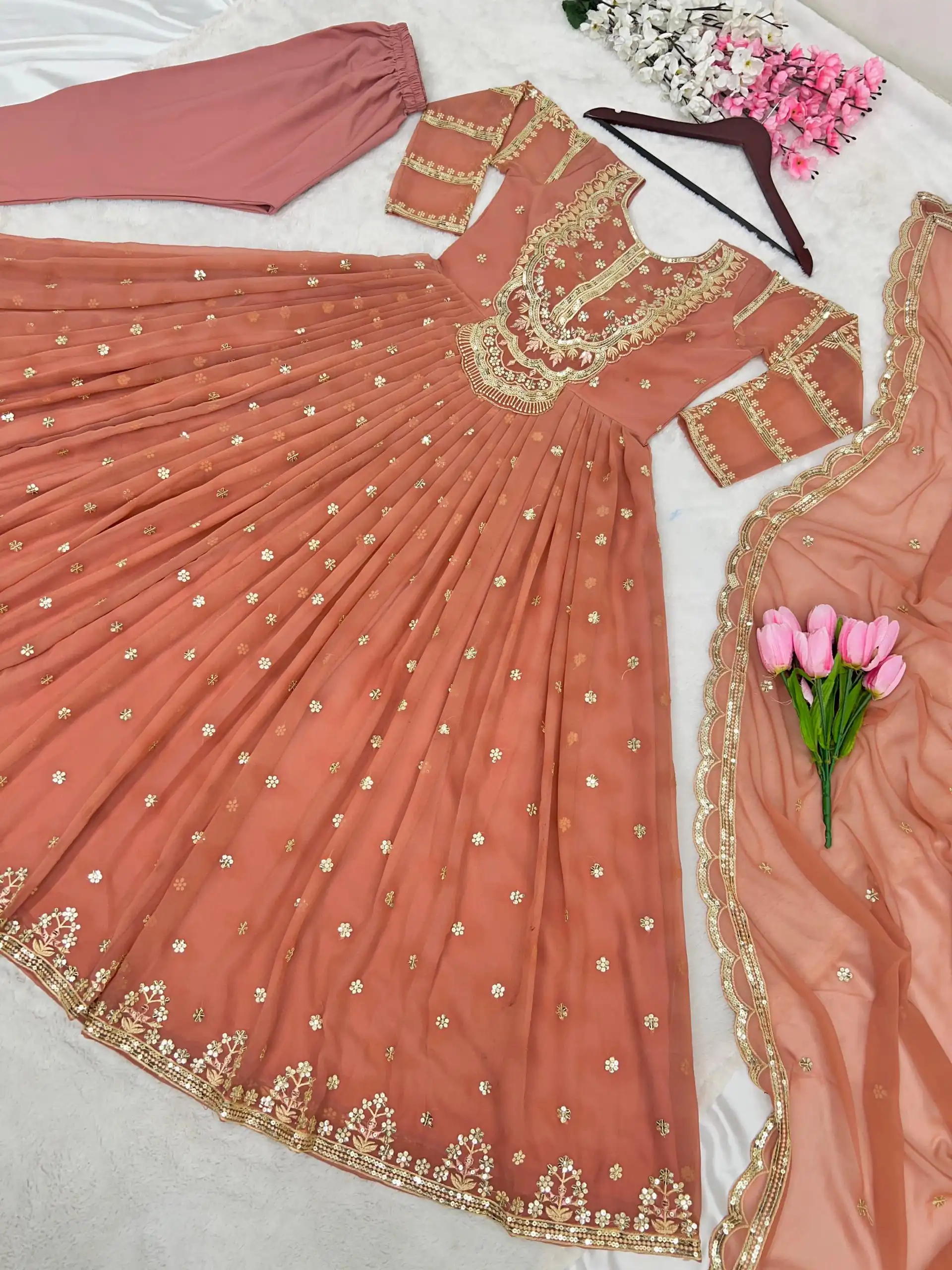 ZSR-3021 Peach Color Gown : Fox Georgette Work : Embroidery Sequence Work Inner : Micro Cotton Traditional Wear, Wedding, Festive, Events. @1999/- | Gowns, Bollywood Gowns, Designer Gowns, Embroidered Gowns, Party Wear Gowns, Salwar suit, Casual Suits, Party Wear Suits