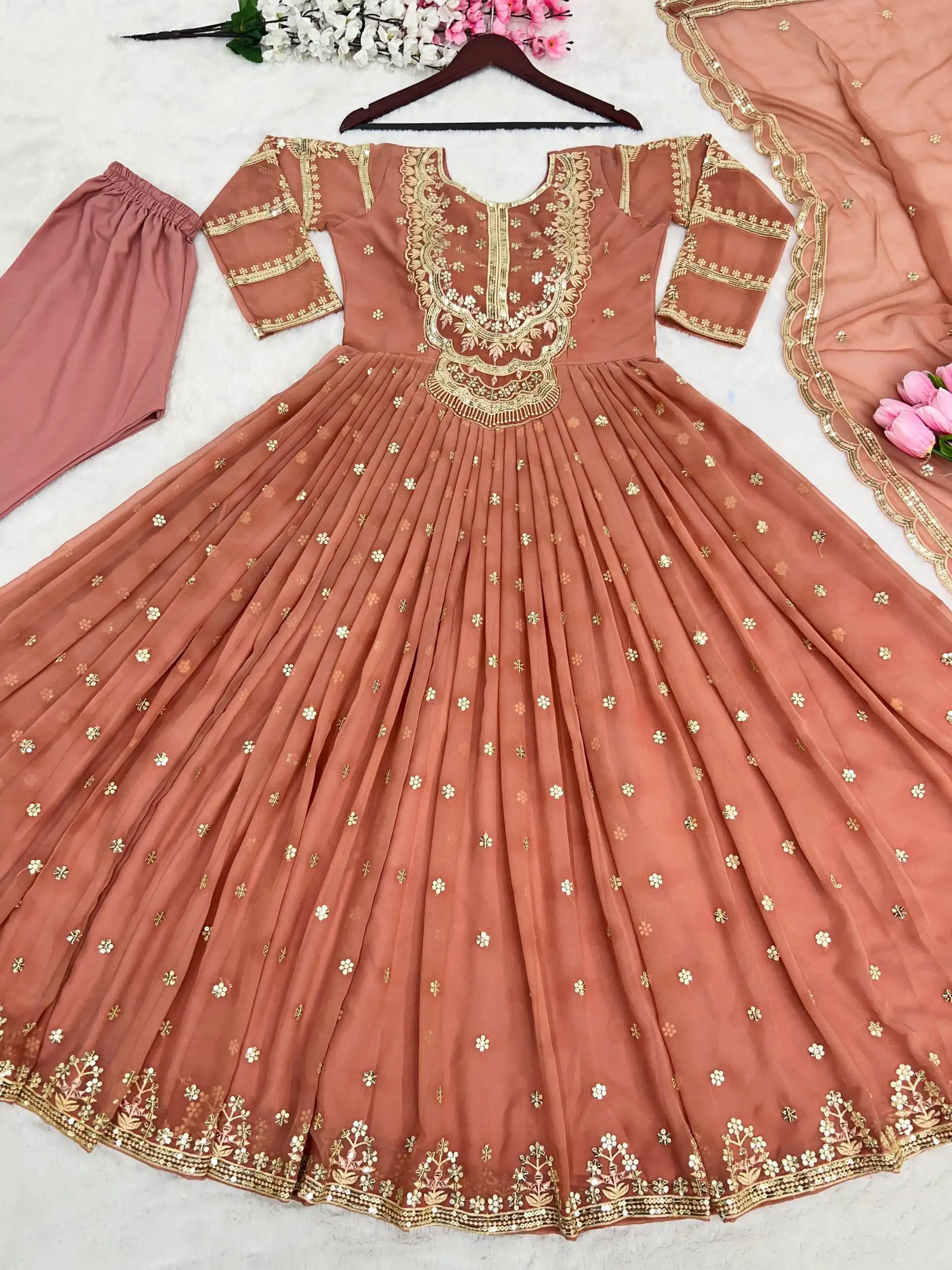 ZSR-3021 Peach Color Gown : Fox Georgette Work : Embroidery Sequence Work Inner : Micro Cotton Traditional Wear, Wedding, Festive, Events. @1999/- | Gowns, Bollywood Gowns, Designer Gowns, Embroidered Gowns, Party Wear Gowns, Salwar suit, Casual Suits, Party Wear Suits