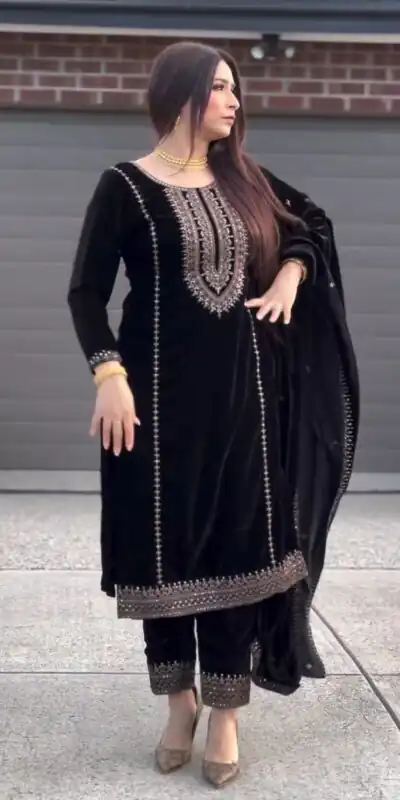 ZSR-3046 Black Color Salwar Suit Viscose Velvet with Embroidery Sequence Work Inner : Micro Cotton Traditional Wear, Wedding, Festive, Events. @2199/- | Salwar suit, Casual Suits, Creative suits, Designer Suits, Party Wear Suits, Straight Suits