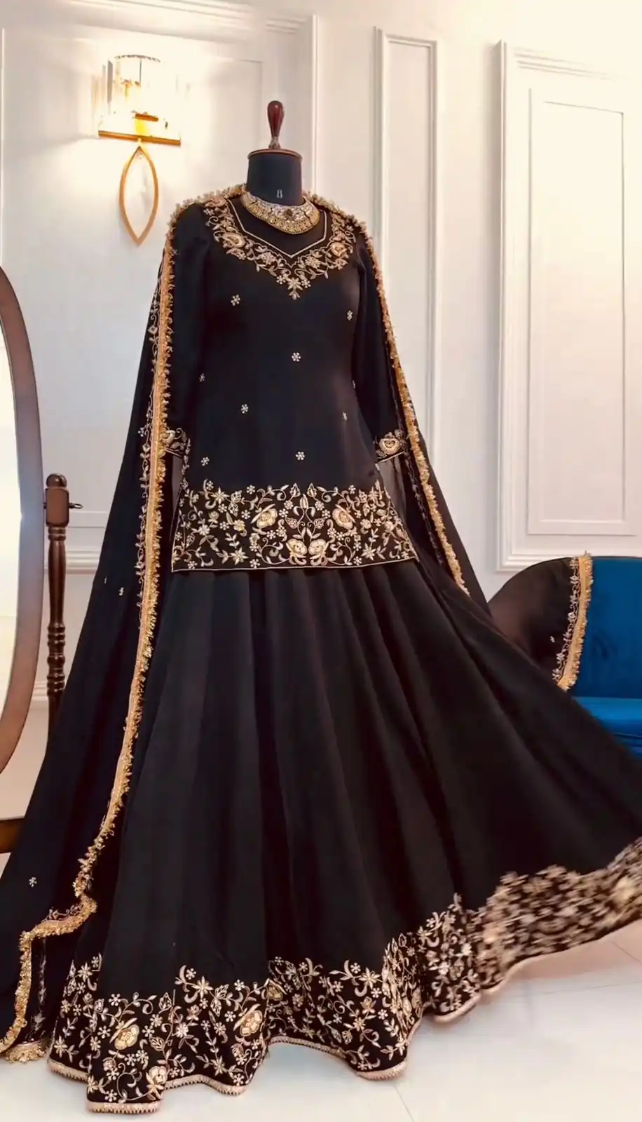 ZSR 3045 ?Black Faux Georgette With *Heavy 5mm Embroidery Sequence Top With Lehenga Choli For Traditional Wear, Wedding, Festive, Events. @2199/- | Lehenga, Bollywood Lehenga, Creative Lehenga, Designer Lehenga, Embroidered Lehenga, Party Wear Lehenga
