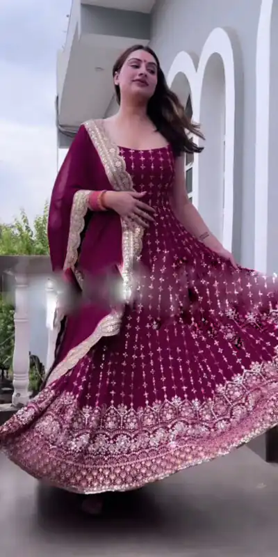 ZSR 3041 Maroon Color Gown : Fox Georgette Work : Embroidery Sequence Work Inner : Micro Cotton Traditional Wear, Wedding, Festive, Events. @2599/- | Gowns, Bollywood Gowns, Creative Gowns, Designer Gowns, Embroidered Gowns, Party Wear Gowns