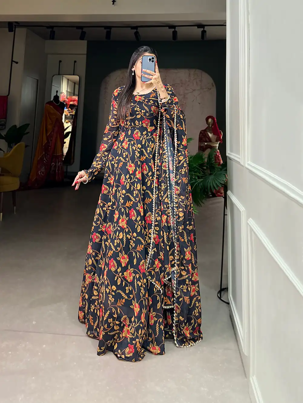 YNF 5003 Black Color Georgette Floral Printed Gown With Pearl Lace Border Dupatta Casual, Wedding, Party, Festive, Events Etc. 4-6 Working Days 1849/- | Gowns, Bollywood Gowns, Creative Gowns, Designer Gowns, Embroidered Gowns, Party Wear Gowns